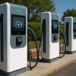 EV charging stations installed by NPCL and GNIDA at UP Trade Show 2025, promoting high-speed electric vehicle infrastructure in India