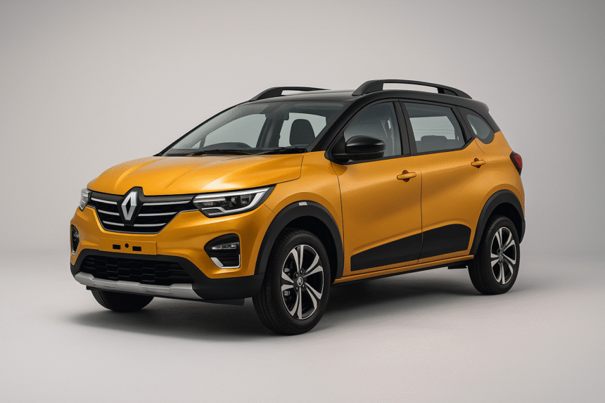 Renault Triber Facelift 2025 front view in yellow color showcasing new design and features in India