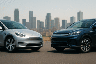 Tesla and BYD electric cars competing in Indian EV market with city skyline background