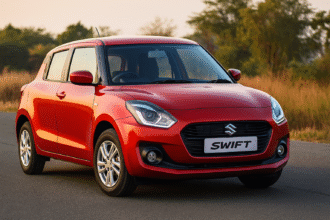 Maruti Suzuki Swift 2025 red hatchback front view for review, price, variants and mileage