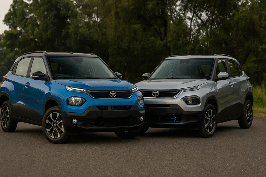 Tata Punch Petrol vs Tata Punch EV 2025 comparison image showing both cars front view