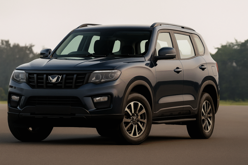 Mahindra Scorpio N 2025 SUV front and side view, parked outdoors showcasing bold design, LED headlights, muscular stance, and premium alloy wheels