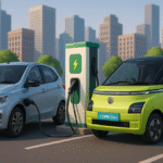 Tata Tiago EV vs MG Comet EV — दो लोकप्रिय इलेक्ट्रिक कारें जो भारत के शहरों में तेजी से लोकप्रिय हो रही हैं, चार्जिंग स्टेशन पर एक साथ।