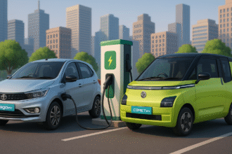Tata Tiago EV vs MG Comet EV — दो लोकप्रिय इलेक्ट्रिक कारें जो भारत के शहरों में तेजी से लोकप्रिय हो रही हैं, चार्जिंग स्टेशन पर एक साथ।