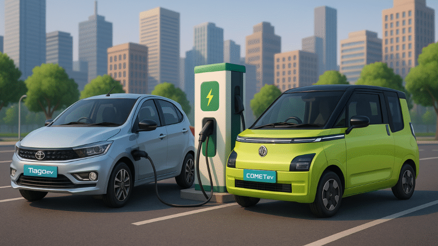 Tata Tiago EV vs MG Comet EV — दो लोकप्रिय इलेक्ट्रिक कारें जो भारत के शहरों में तेजी से लोकप्रिय हो रही हैं, चार्जिंग स्टेशन पर एक साथ।