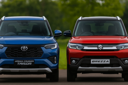 Maruti Brezza vs Toyota Urban Cruiser Taisor 2025 High-resolution image showing Maruti Suzuki Brezza vs Toyota Urban Cruiser Taisor side by side, highlighting both SUVs with their logos clearly visible.