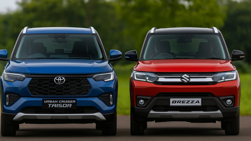 Maruti Brezza vs Toyota Urban Cruiser Taisor 2025 High-resolution image showing Maruti Suzuki Brezza vs Toyota Urban Cruiser Taisor side by side, highlighting both SUVs with their logos clearly visible.