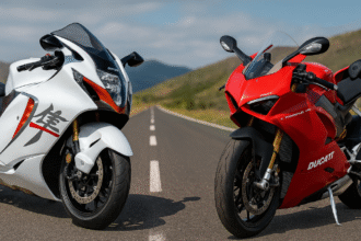 High-resolution digital image featuring Suzuki Hayabusa vs Ducati Panigale V4 side by side on an open road, highlighting their design and performance stance.