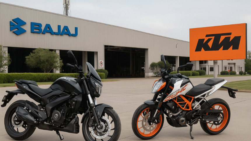 “Bajaj Auto and KTM merger visual — Chakan plant with KTM and Bajaj motorcycles in India | Bajaj Auto Takeover KTM”