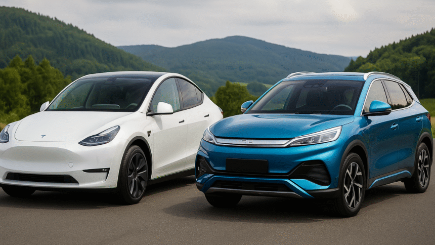 Tesla Model Y vs BYD Atto 3 भारतीय इलेक्ट्रिक SUV मार्केट में आमने-सामने — रेंज, बैटरी और कीमत की तुलना 2025