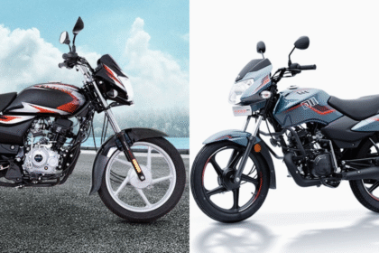 A high-resolution image showing TVS Sport vs Bajaj Platina parked side by side for comparison, highlighting their design, engine size, and commuter styling.