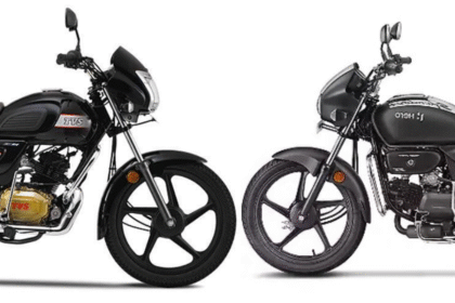 TVS Radeon and Hero Splendor XTEC side-by-side comparison showcasing their design, engine and commuter appeal — best mileage bikes in India 2025.