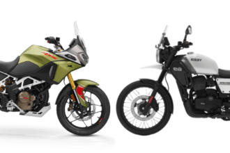 A high-resolution digital photograph featuring TVS Apache RTX 300 and Yezdi Adventure motorcycles side by side for comparison — Focus Keyword: TVS Apache RTX 300 vs Yezdi Adventure