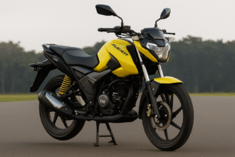 TVS Raider 2025 मॉडल का स्पोर्टी और स्टाइलिश डिजाइन, ब्लैक और येलो कलर स्कीम में