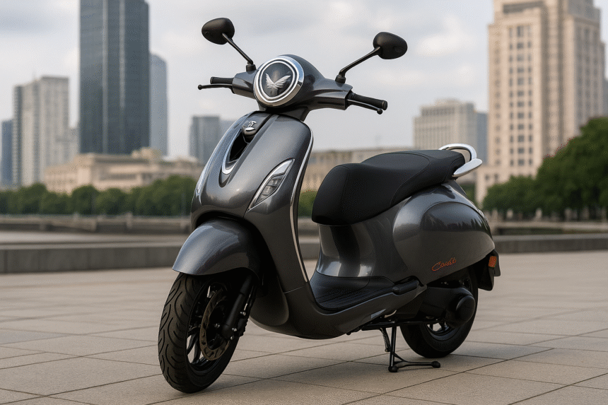 नए Bajaj Chetak Electric Scooter 2025 का हाई-रेजोल्यूशन फोटो जिसमें मॉडर्न डिजाइन, LED हेडलाइट और प्रीमियम बॉडीवर्क दिख रहा है — भारत में जल्द लॉन्च होने की तैयारी में।