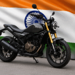 A high-resolution digital image of the new Hero Mavrick 440 motorcycle spotted during testing, featuring its muscular fuel tank, LED headlamp, USD front suspension, and sporty black alloy wheels.