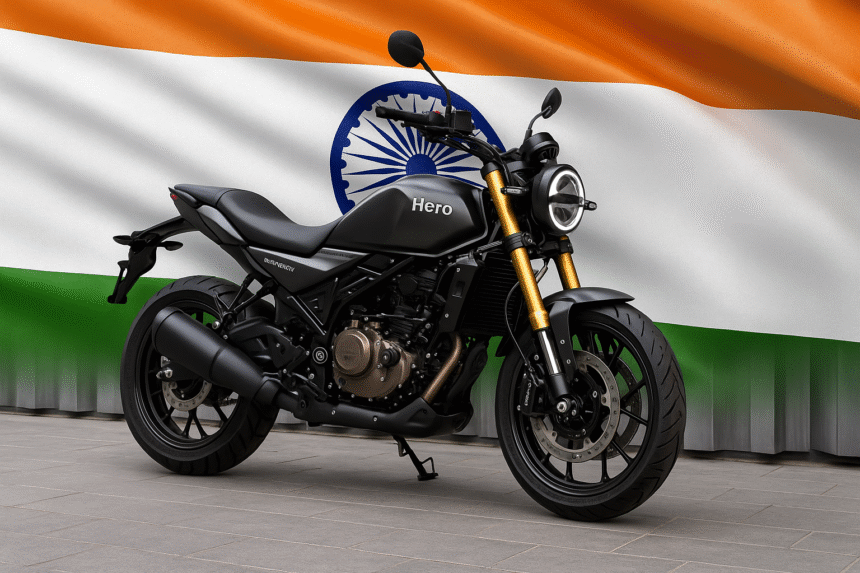 A high-resolution digital image of the new Hero Mavrick 440 motorcycle spotted during testing, featuring its muscular fuel tank, LED headlamp, USD front suspension, and sporty black alloy wheels.