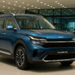 Kia Carens Clavis 2025 six-seater variant in metallic blue showcased with new trim design and updated interiors