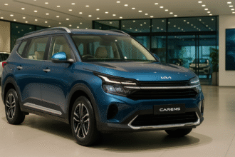Kia Carens Clavis 2025 six-seater variant in metallic blue showcased with new trim design and updated interiors