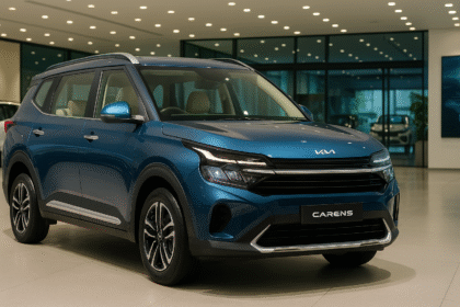 Kia Carens Clavis 2025 six-seater variant in metallic blue showcased with new trim design and updated interiors