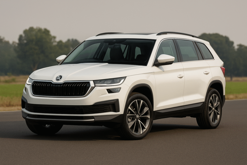 2025 Skoda Kodiaq SUV रोड पर खड़ी हुई – नया डिज़ाइन, प्रीमियम फीचर्स और दमदार रोड प्रेजेंस के साथ।
