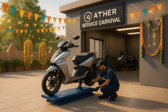 "Ather Energy Service Carnival 2025 में एक Ather इलेक्ट्रिक स्कूटर सर्विस स्टेशन का 3D दृश्य, जहाँ सर्विसिंग के दौरान स्कूटर की जांच हो रही है और पृष्ठभूमि में त्योहारी लाइटिंग और भारतीय माहौल दिख रहा है।"
