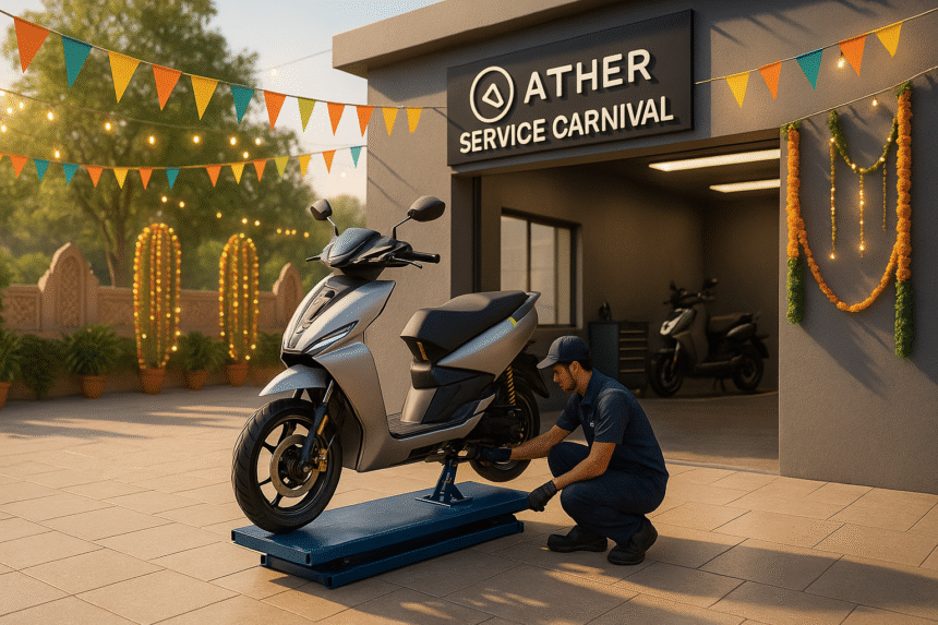 "Ather Energy Service Carnival 2025 में एक Ather इलेक्ट्रिक स्कूटर सर्विस स्टेशन का 3D दृश्य, जहाँ सर्विसिंग के दौरान स्कूटर की जांच हो रही है और पृष्ठभूमि में त्योहारी लाइटिंग और भारतीय माहौल दिख रहा है।"