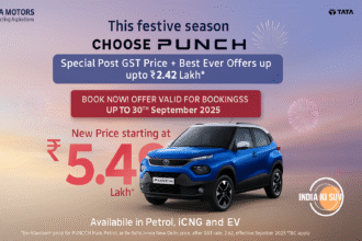 Tata Punch 2025 in blue color showcased with festive fireworks background — representing Tata Motors’ new ₹5.49 lakh offer with Petrol, CNG, and EV variants.