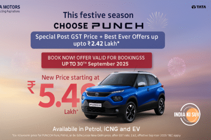 Tata Punch 2025 in blue color showcased with festive fireworks background — representing Tata Motors’ new ₹5.49 lakh offer with Petrol, CNG, and EV variants.