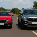 Petrol Car vs Diesel Car comparison image showing two cars side-by-side on Indian roads — petrol sedan and diesel SUV