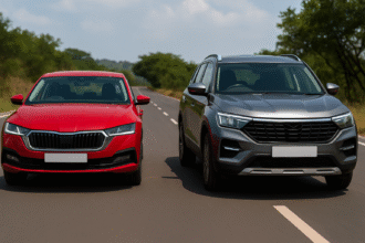 Petrol Car vs Diesel Car comparison image showing two cars side-by-side on Indian roads — petrol sedan and diesel SUV