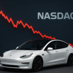 Tesla electric car के साथ गिरते हुए स्टॉक चार्ट का दृश्य — Tesla Stock Price Today 2025 रिपोर्ट