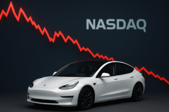 Tesla electric car के साथ गिरते हुए स्टॉक चार्ट का दृश्य — Tesla Stock Price Today 2025 रिपोर्ट