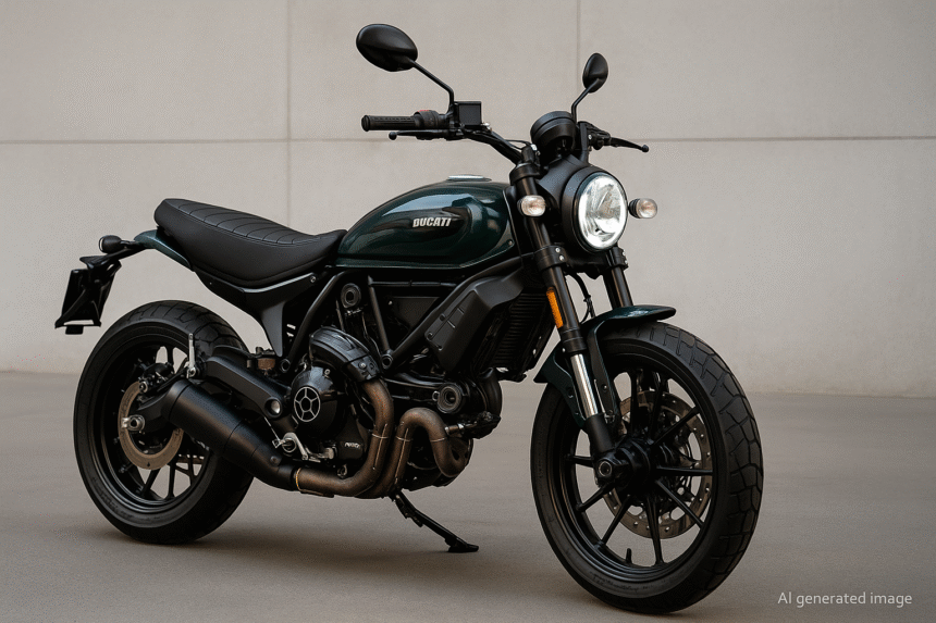 2026 Ducati Scrambler Nightshift Emerald Green Livery, स्टाइलिश हेडलाइट, डार्क अलॉय व्हील्स और रेट्रो-इंस्पायर्ड डिजाइन के साथ दिख रही है। बाइक प्रीमियम और मॉडर्न टच देती है। (यह छवि AI द्वारा जेनरेट की गई है, केवल representational purpose के लिए इस्तेमाल की गई है)