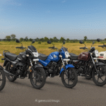 "पांच बेस्ट माइलेज बाइक्स 2025 की डिजिटल एआई-जनरेटेड झलक, जिनमें लोकप्रिय कम्यूटर मोटरसाइकिलें सड़क पर सजी हुई दिखाई देती हैं। (नोट: यह एक AI-जनरेटेड इमेज है और वास्तविक तस्वीर नहीं है।)"