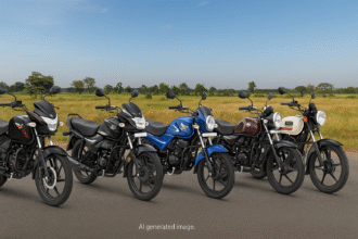 "पांच बेस्ट माइलेज बाइक्स 2025 की डिजिटल एआई-जनरेटेड झलक, जिनमें लोकप्रिय कम्यूटर मोटरसाइकिलें सड़क पर सजी हुई दिखाई देती हैं। (नोट: यह एक AI-जनरेटेड इमेज है और वास्तविक तस्वीर नहीं है।)"