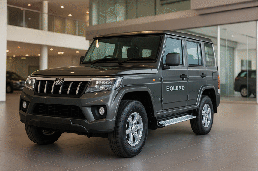 2025 Mahindra Bolero front view showing new grille, alloy wheels and design updates