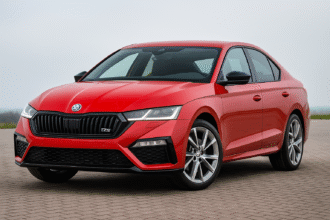 Skoda Octavia RS 2025 Launch in India showing premium red sports sedan with bold design, alloy wheels, and powerful 2.0L turbo engine.