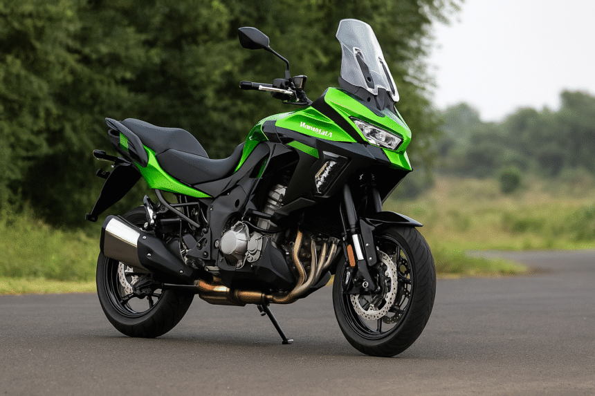 Kawasaki Versys 1100 Price hike-green adventure bike parked beside highway in daylight – 2025 model India