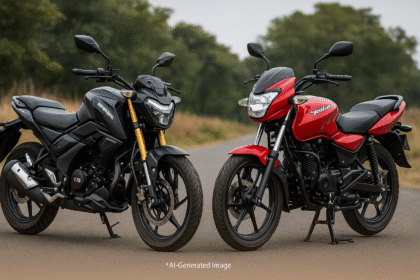 "AI द्वारा निर्मित इमेज जिसमें TVS Raider 125 और Bajaj Pulsar 125 को साथ-साथ खड़ा दिखाया गया है, दोनों बाइक्स की डिज़ाइन और स्टाइल का विज़ुअल तुलना। (यह इमेज AI generated है और केवल illustrative purpose के लिए है।)"
