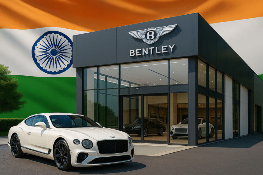 “A high-resolution 3D image showing Bentley India’s first official showroom in Mumbai with a luxury Bentley car parked outside, showcasing elegant modern architecture and premium ambiance.”