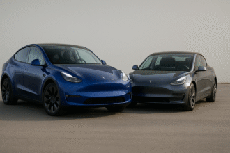 A high-resolution digital photograph showing Tesla Model Y 2026 and Model 3 2025 side by side, representing the recall due to battery contactor fault — Focus Keyword: Tesla Model Y and Model 3 Recall