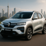 A high-resolution digital image of the Renault Kwid EV (E-Tech) in a futuristic Indian city background, showcasing its modern electric design, compact size, and stylish exterior under bright daylight.