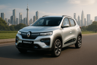 A high-resolution digital image of the Renault Kwid EV (E-Tech) in a futuristic Indian city background, showcasing its modern electric design, compact size, and stylish exterior under bright daylight.