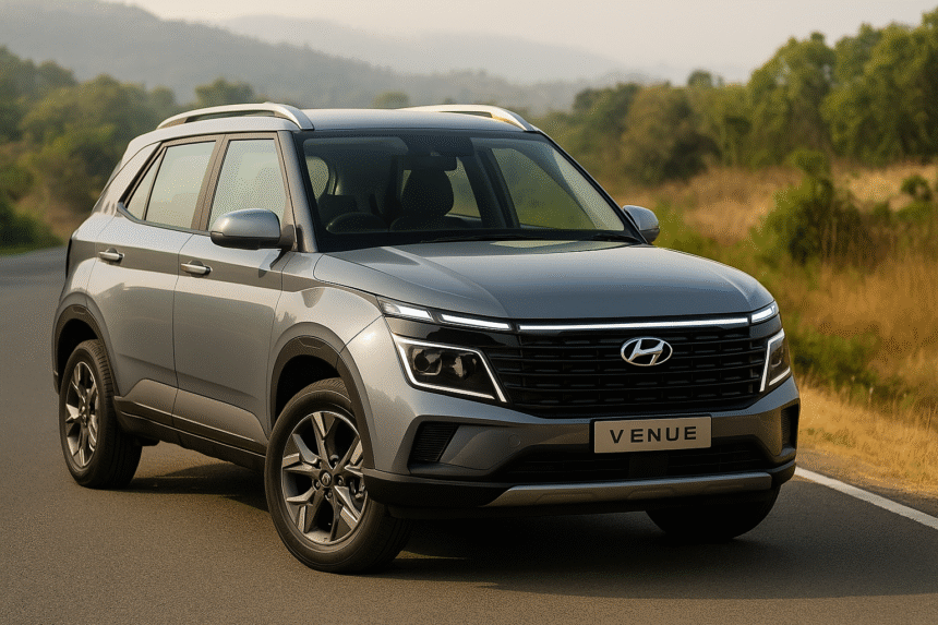 AI-generated image of the New Gen Hyundai Venue 2025 SUV showcasing modern LED headlights and new design language, created for illustrative purposes only.