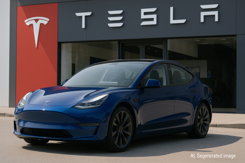 AI-generated image showing a Tesla electric car on a modern road during daytime, representing Tesla’s EV lineup in 2025. Disclaimer: This is an AI-generated image and may not accurately represent the actual vehicle.
