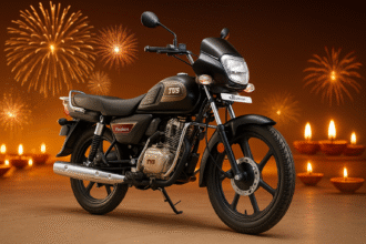 TVS Radeon Diwali Offer 2025 motorcycle with festive fireworks background and ₹6,900 GST discount theme
