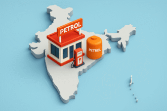3D illustration of petrol pump with India map showing current fuel prices in India
