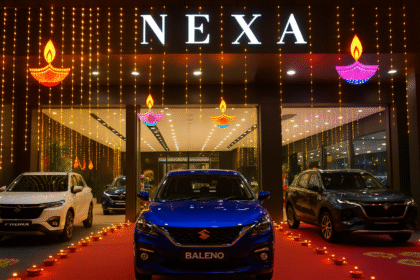 Maruti Suzuki NEXA Festive Offers 2025 Maruti Suzuki NEXA showroom decorated for Diwali with Baleno, Fronx and Grand Vitara cars on festive display.