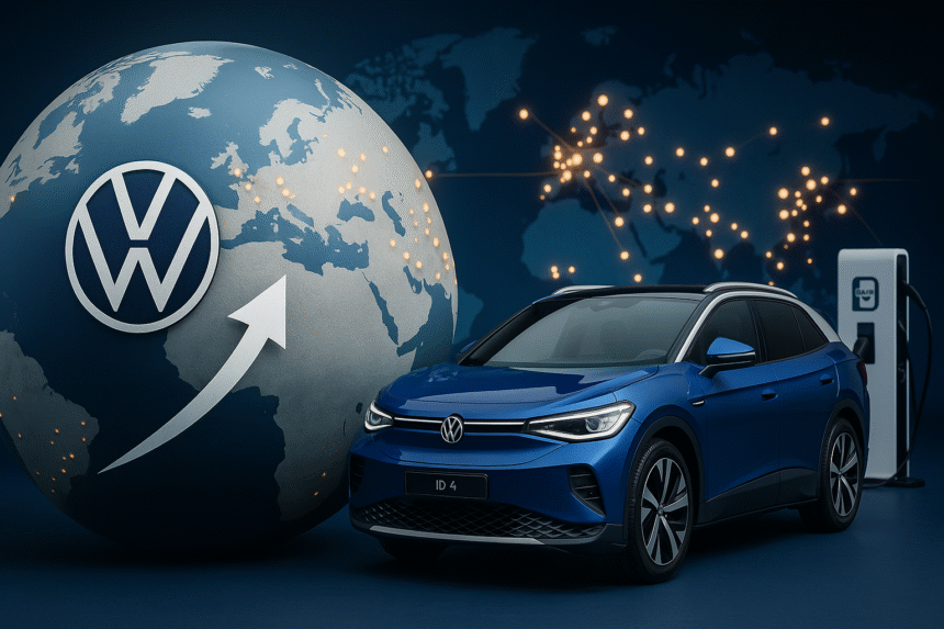 Volkswagen Group 2025 Sales Growth image showing EV cars and global market analysis background"